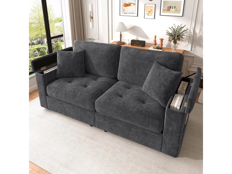 Canapé droit 2 places 180 cm avec rangement intégré dans les accoudoirs, poches latérales, 2 coussins et mousse haute densité, chenille, gris foncé - Conforama C