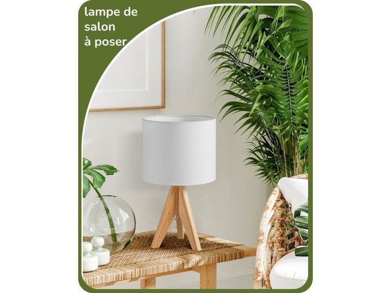  Lampe de table 2 pieces avec abat-jour en lin blanc et tr pied bois naturel e27 ampoules led blanc chaud 2700k 370618_AAAYP05862_6_DROPFR - Conforama C