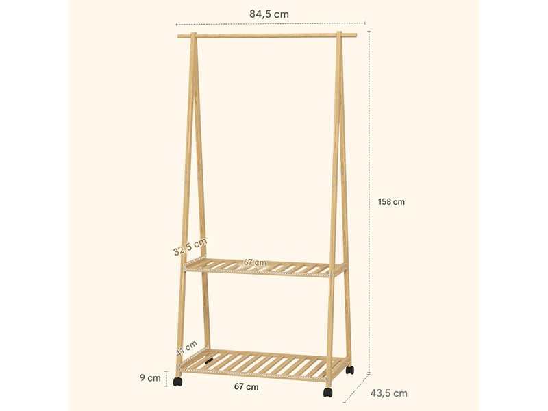  Portant à vêtements en bambou sur roulettes avec 2 étagères 84,5 x 43,5 x 158 cm  - Conforama C