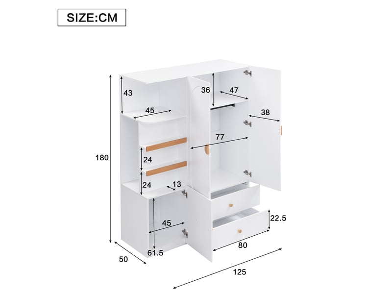 Armoire avec penderie, 2 tiroirs et étagères ouvertes pour chambre, en mdf blanc et naturel, 125 × 50 × 180 cm - Conforama E