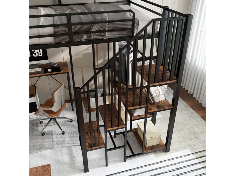  Lit superposé enfant en métal avec bureau, étagère, placard ouvert et escalier, 120x200cm, noir  - Conforama E