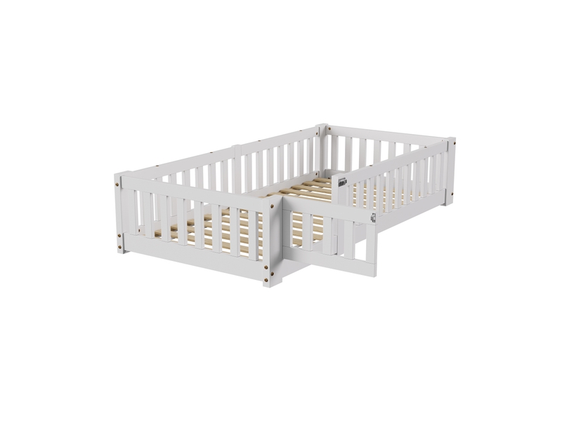  Lit enfant 90x200 cm, lit au sol avec barrière de sécurité et sommier à lattes, lits montessori pour garçons et filles, charge jusqu’à 100 kg, blanc  - Conforama R