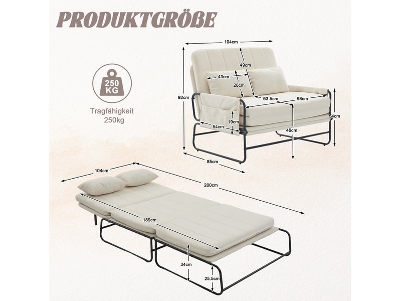  Canapé convertible 2 places avec couchage et poches latérales, structure métallique en chenille beige  - Conforama C