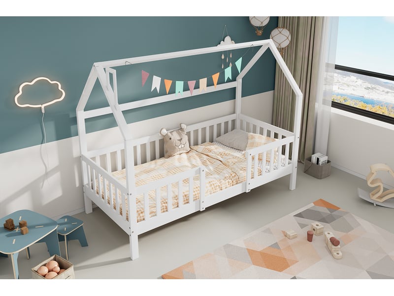  Lit enfant 90x200 cm en forme de cheminée, cadre de lit avec sommier à lattes, lit simple pour enfants et jeunes, blanc  - Conforama R