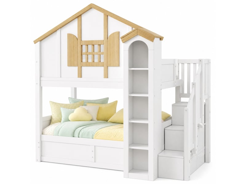  Lit superposé 90 × 200 cm 2 places avec rangement hydraulique, led et escalier de rangement, sans matelas, blanc  - Conforama A