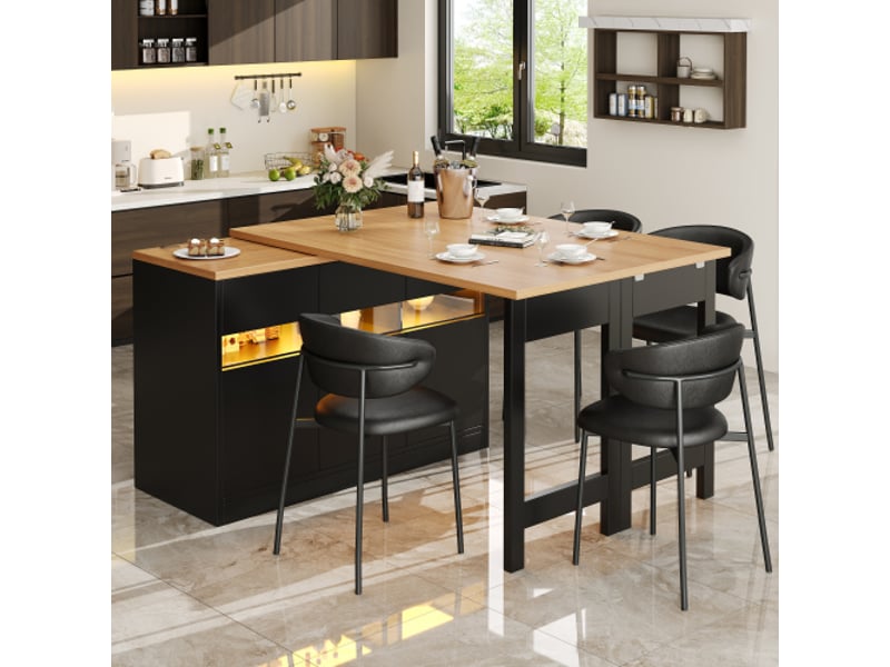  Table de bar extensible avec éclairage led et rotation à 360°,îlot de cuisine avec espace de rangement, 120-180x40x71,5cm, mdf, noir  - Conforama D