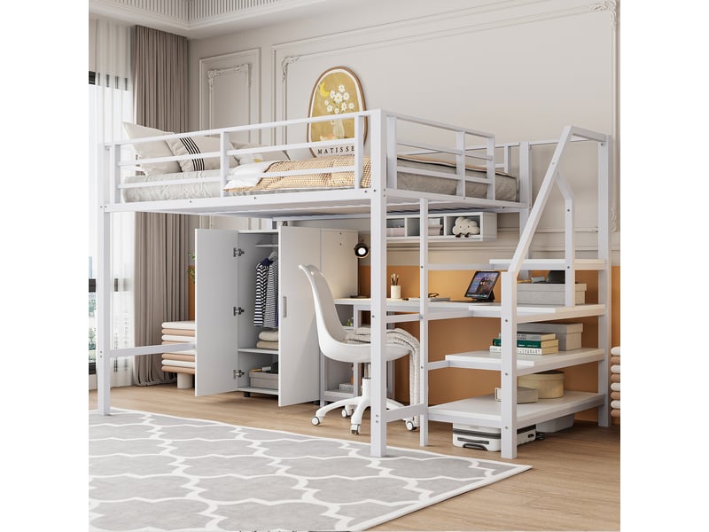  Lit mezzanine 140*200cm, blanc, sans matelas, armoire, étagères, bureau, échelle rangement  - Conforama D