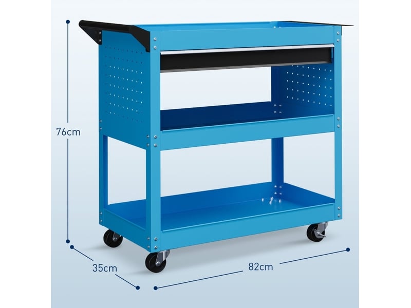  Servante à outils 82 x 35 x 76 cm bleue en métal, 3 niveaux, tiroir et 4 roulettes avec freins  - Conforama C