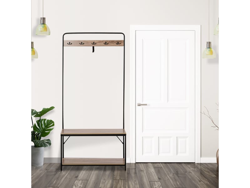 Porte-manteau 3 en 1 avec banc et étagère à chaussures, style industriel, mobilier d'entrée vintage en bois et acier, 80,5 x 30 x 170 cm, noir - Conforama C