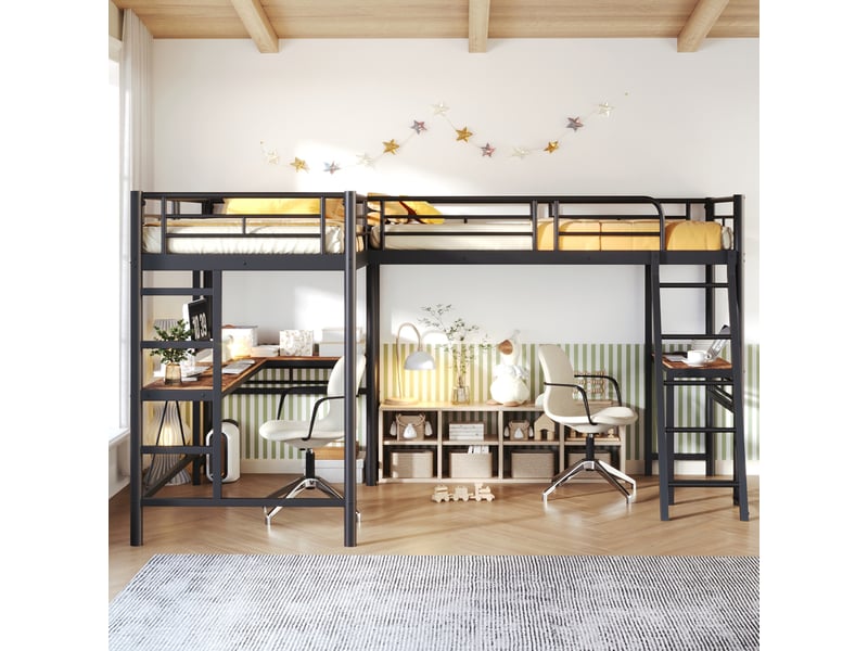  Lit mezzanine, 90 × 200 cm, noir, bureau, barrières, marches, deux couchages, double escalier, garde-corps haut  - Conforama D