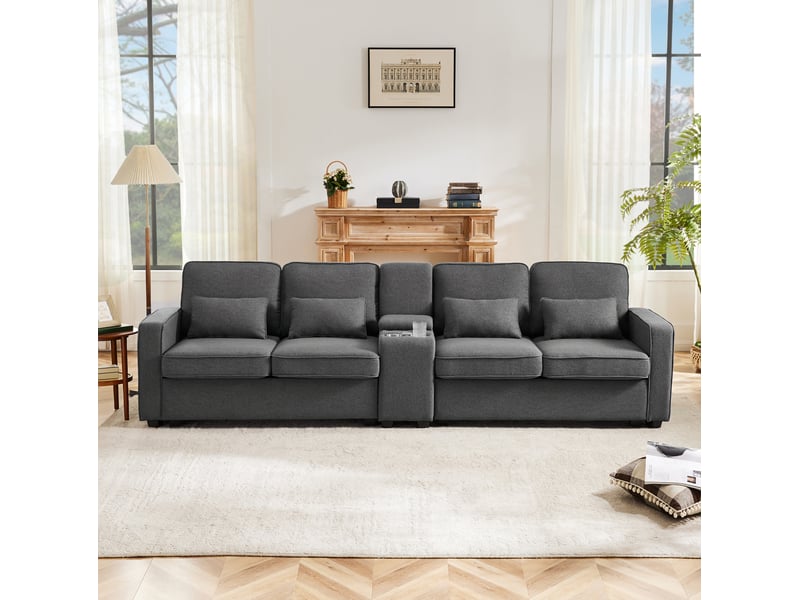  Canapé 4 places tcqpz avec console, 2 porte-gobelets et 2 ports usb 290 x 83 x 88 cm tissu aspect lin gris foncé  - Conforama E