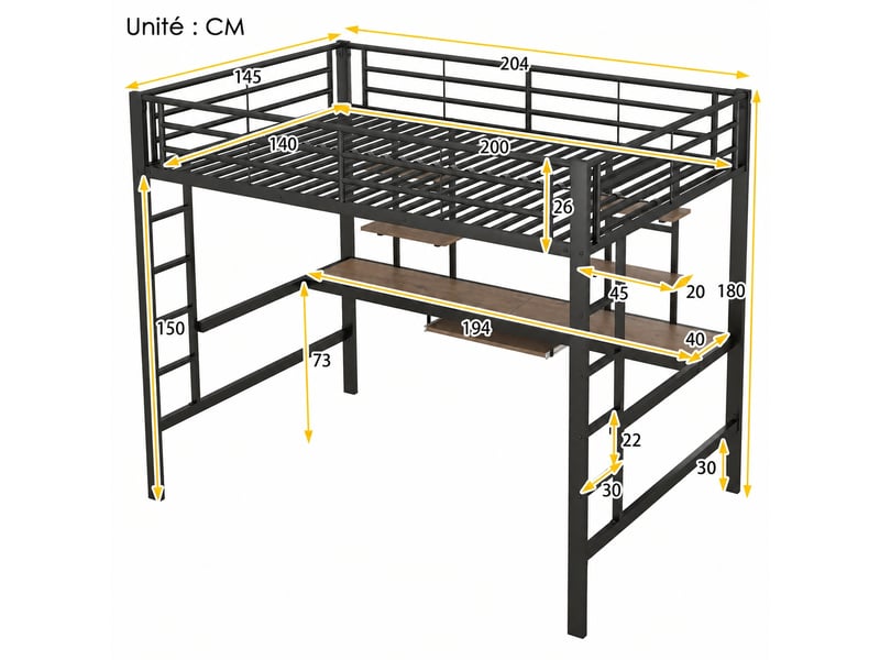  Lit mezzanine avec bureau intégré et deux bibliothèques, métal noir, couchage 140x200 cm  - Conforama C