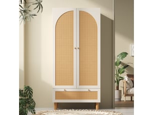 Armoire penderie 180x85x52 cm avec portes en rotin, barre de vêtements, étagères réglables et tiroir, rangement chambre, style naturel blanc