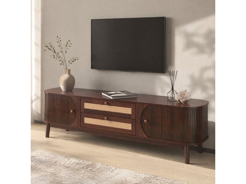  Meuble tv modenvie en mdf avec portes et tiroirs en rotin 170 x 39,5 x 46 cm naturel  - Conforama E