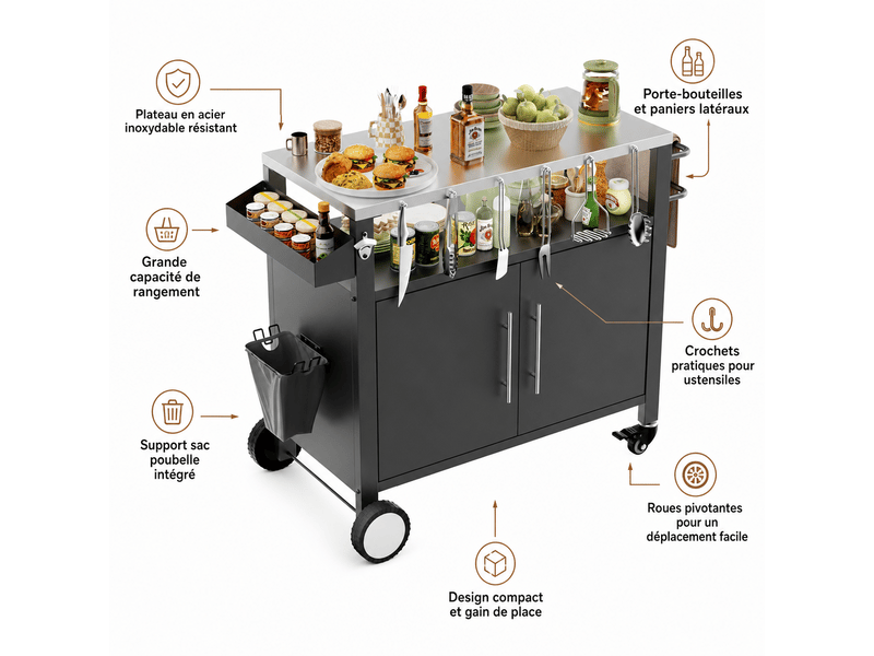  Grillwagen roulant avec crochets et étagère à épices pour barbecue extérieur noir  - Conforama D