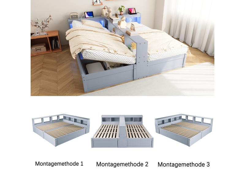  Canapé-lit 90180x200 cm, lit enfant, couchage d'appoint, rangement hydraulique, led, bois gris, prise intégrée  - Conforama R