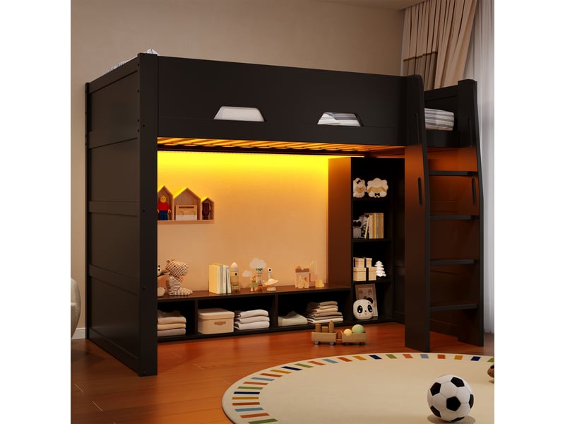  Lit mezzanine enfant 90x200 cm, lit simple avec rangements, 2 armoires, escalier intégré, led multicolore, structure bois, garde-corps, noir  - Conforama B