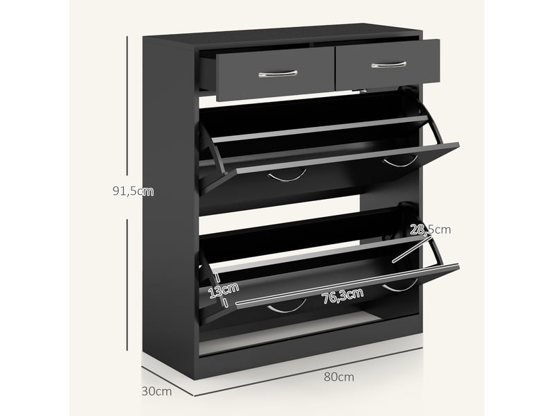 Meuble à chaussures étroit avec 2 tiroirs abattants pour 12 paires de chaussures, 80 x 30 x 91,5 cm, noir - Conforama D