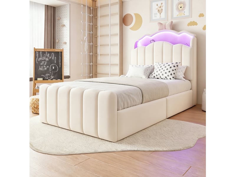  Lit coffre enfant 90x200 cm avec rangement et led, coloris beige, sans matelas  - Conforama E