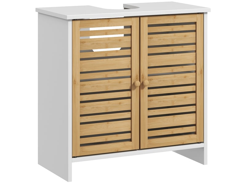  Meuble sous-évier moderne avec portes magnétiques en bambou et étagère réglable 60 x 30 x 60 cm blanc et naturel  - Conforama A
