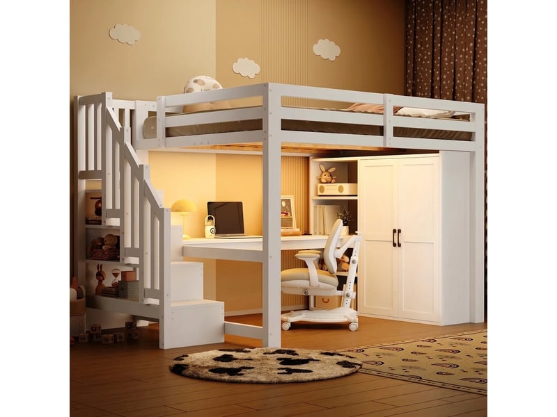 Lit mezzanine 140x200 avec bureau et armoire escalier rangement led usb blanc - Conforama B
