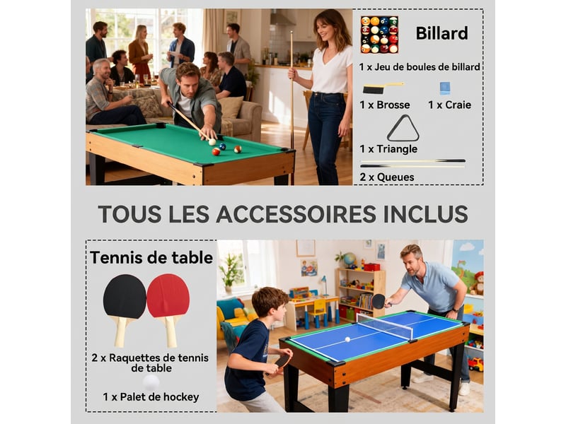  Table multijeux 5 en 1 babyfoot billard air hockey ping-pong et basket accessoires 134x108x144cm marron noyer  - Conforama R
