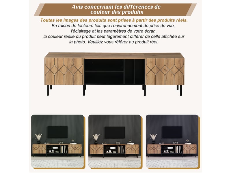  Meuble tv 180 cm pour téléviseur jusqu'à 70 pouces, meuble tv bois naturel et noir avec rangement fermé et quatre niches ouvertes  - Conforama W