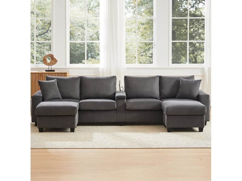  Canapé 4 places en u 334 x 128,5 x 81 cm, led, éclairage de lecture, avec 2 poufs, usb+type-c, finition velours côtelé gris  - Conforama D