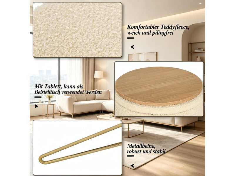  Pouf de rangement 39x39x44 cm avec plateau mdf métal beige  - Conforama D