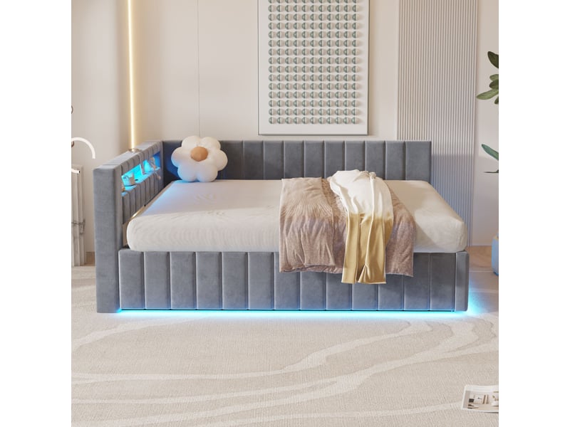  Lit coffre 140x200 cm rembourré, rangement hydraulique, led et usb, tête de lit avec dossier, velours gris  - Conforama B