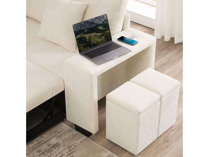Canapé d'angle, canapé convertible – avec rangement, porte-gobelets, beige, coussins inclus, avec accoudoirs, port usb - Conforama W