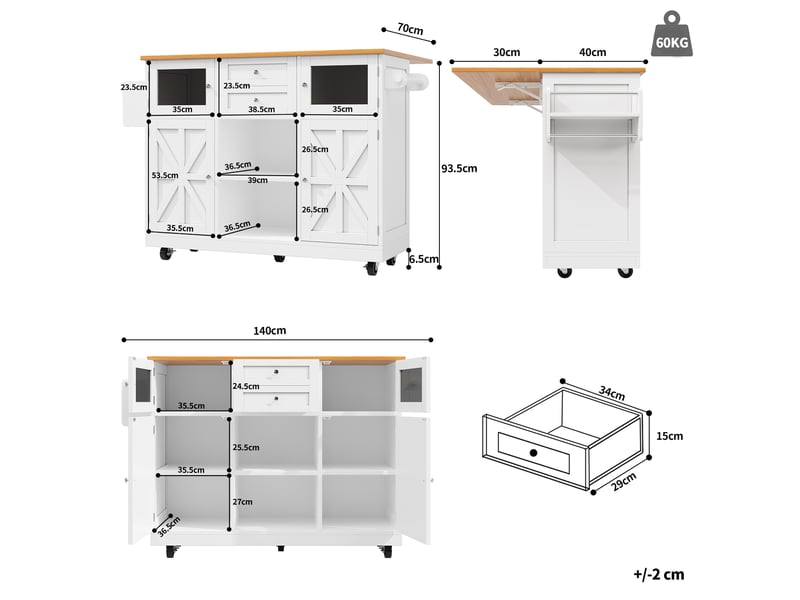 Desserte cuisine, îlot central sur roulettes avec plan de travail, plateau extensible, 2 tiroirs, dimensions 140 x 40 x 93,5 cm, mdf, blanc - Conforama C