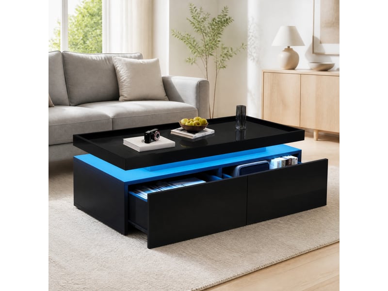 Table basse avec 2 tiroirs et led pour salon 95×45×35 cm en panneaux de particules noir  - Conforama B