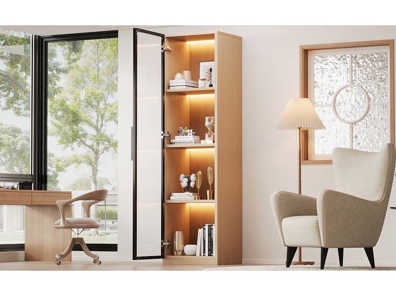  Vitrine chêne 40x40x165 cm, mdf et verre trempé, 1 porte, avec éclairage led et charnières soft-close  - Conforama D