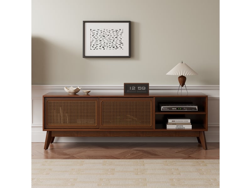  Meuble tv mid-century 150 cm effet noyer foncé, portes en rotin, pour tv 65  - Conforama B