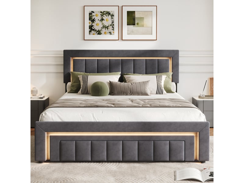  Lit coffre 140x190 cm avec led et tiroir gris velours evryae  - Conforama C
