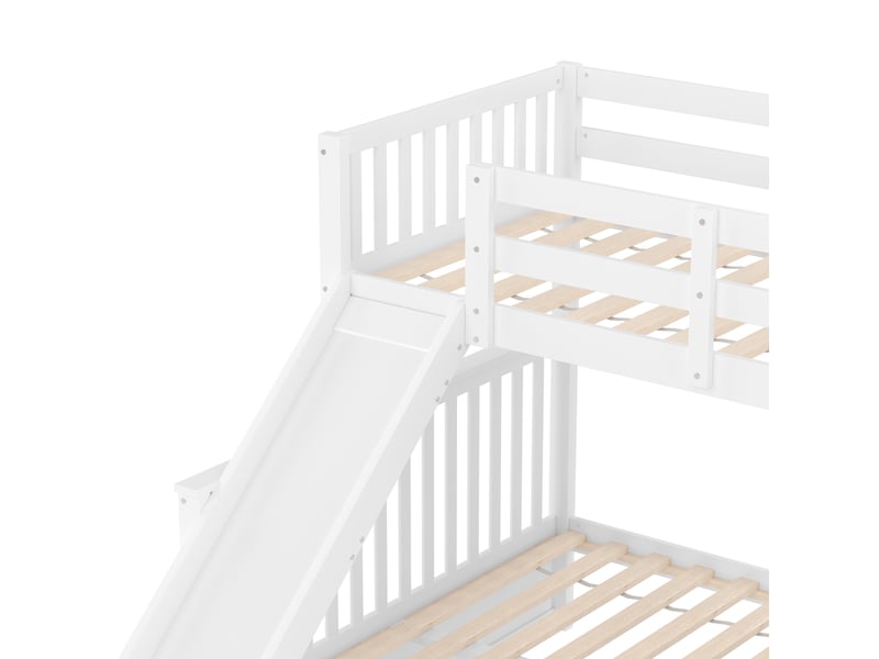  Lit superposé avec toboggan, 2 tiroirs et rangements, en pin et mdf blanc, couchages 90 x 200 et 140 x 200 cm  - Conforama W