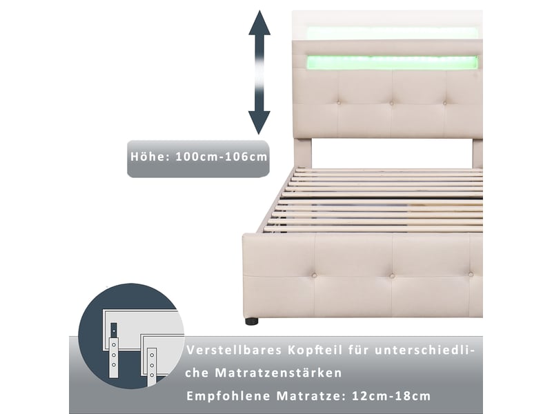 Lit enfant 90x200 cm avec led, 2 tiroirs, tête de lit réglable et sommier, lin, beige, sans matelas - Conforama D