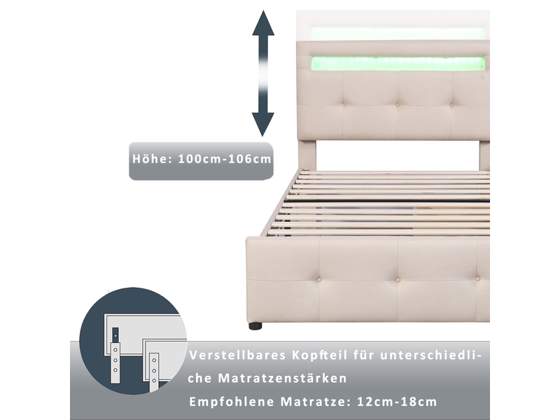 Lit enfant 90x200 cm avec led, 2 tiroirs, tête de lit réglable et sommier, lin, beige, sans matelas  - Conforama D