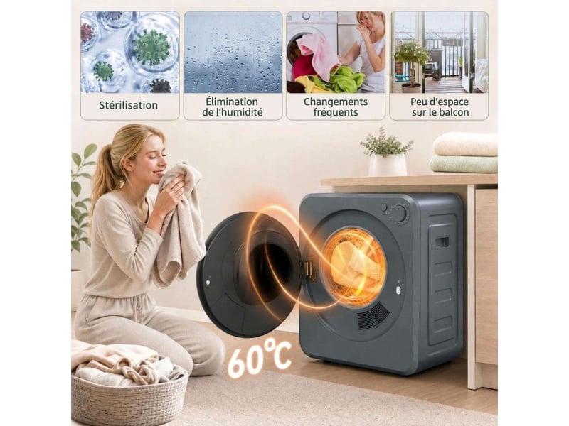 Sèche-linge compact avec 5 modes de séchage, 2 niveaux de chaleur, arrêt automatique et tambour en acier inoxydable - Conforama B