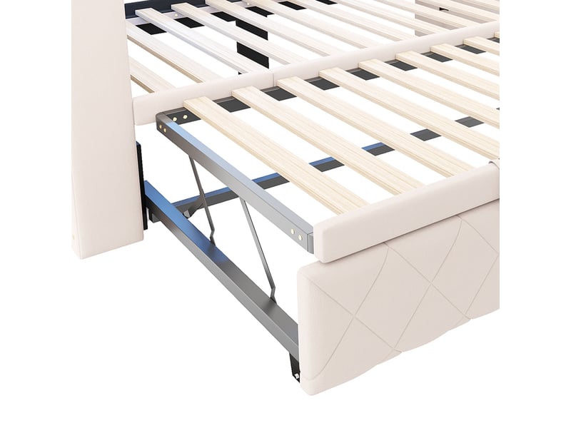  Lit banquette extensible 90 x 200 cm en lit double 180 x 200 cm avec led multicolore, ports usbusb-c et revêtement en lin beige sans matelas  - Conforama D