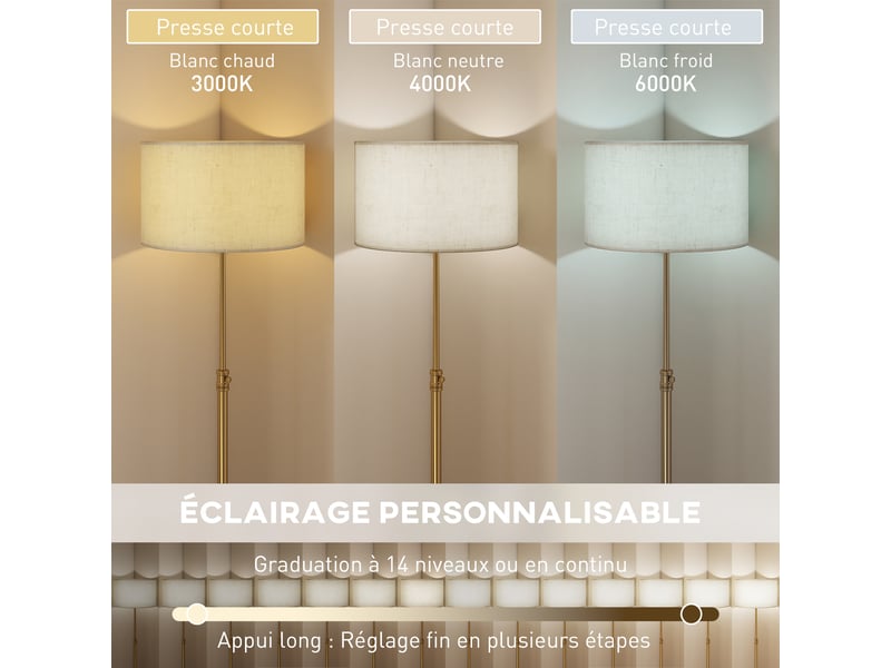 Lampadaire salon doré avec abat-jour en lin, éclairage dimmable et hauteur réglable de 133 à 168 cm - Conforama D