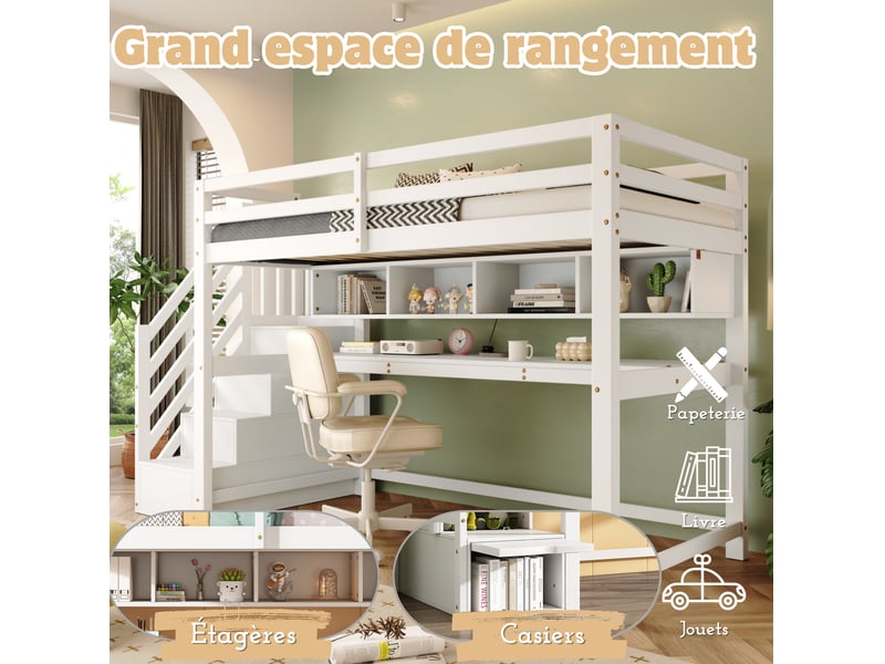  Lit mezzanine enfant 90x200 cm avec escalier de rangement, bureau, bois, blanc sans matelas  - Conforama D