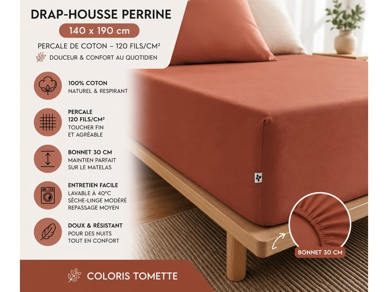  Drap-housse 140 x 190 cm percale de coton 120 fils unie perrine tomette 15197 - Conforama C