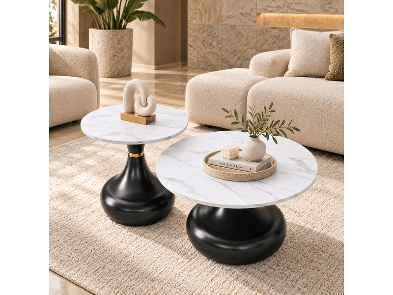 Lot de 2 tables basses rondes ø 70 et 50 cm, table d'appoint, plateaux effet marbre blanc, piètements noirs et dorés - noir et blanc  - Conforama B