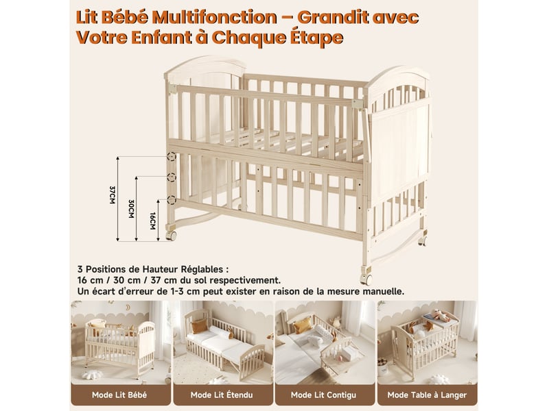  Lit bébé multifonction extensible 120 x 60 x 95 cm naturel en bois, table à langer et couchage d'appoint  - Conforama E