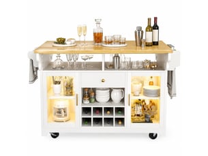 Desserte de cuisine à roulettes avec 2 portes, tiroir, led rgb et plateaux rabattables en mdf blanc 143 × 80 × 95 cm
