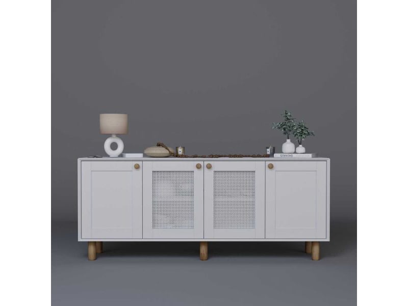  Buffet 4 portes en aggloméré bohemian blanc avec cannage blanc (2 portes)  - Conforama E