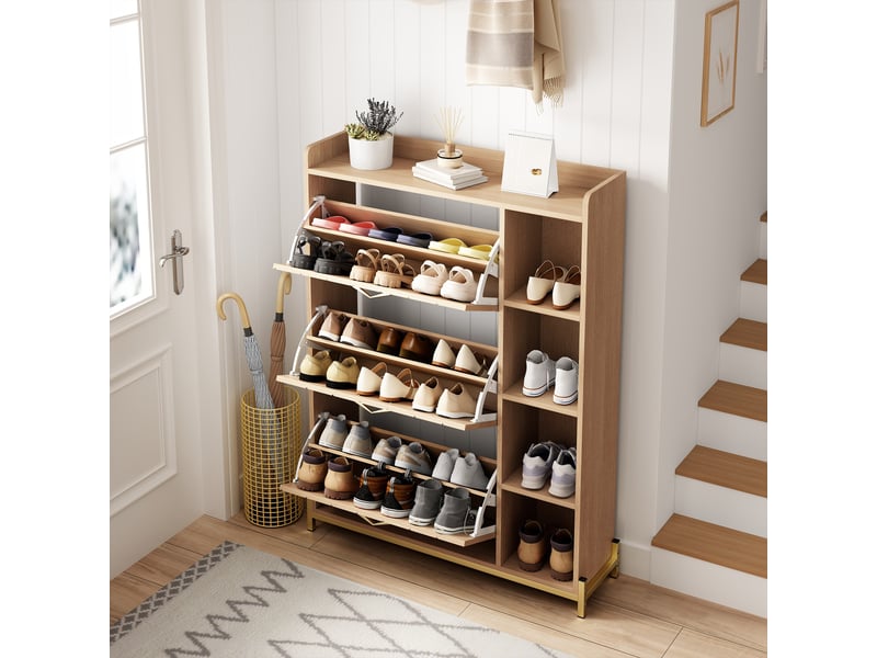  Meuble à chaussures 90x24x119 cm, 3 abattants, étagères latérales et format ultra-fin, rangement pour entrée et couloir - naturel  - Conforama D