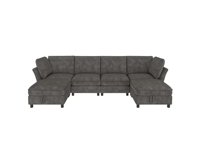  Canapé d'angle modulable 6 places 289 x 137 x 84 cm, configuration ul, 2 poufs de rangement, tissu chenille gris OMNIGLINT TRADING LTD - Conforama A